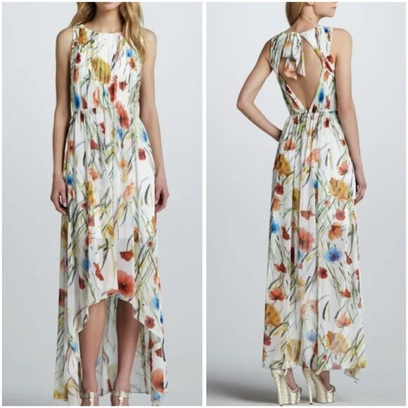 NEW Alice + Olivia Mel Open Back Gathered High-Low Maxi Dress Exotic Poppy